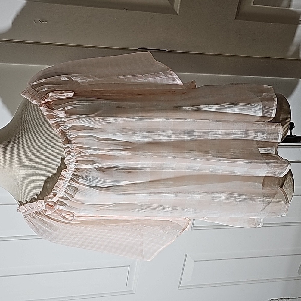 Chenaulto, Womens blouse size large.  Pink and white plaid. Flowie fabric. Sheer